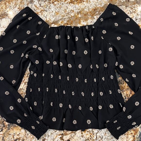 NWT Madewell Black Floral Print Square-Neck Smock-Waist Top - Picture 4 of 10